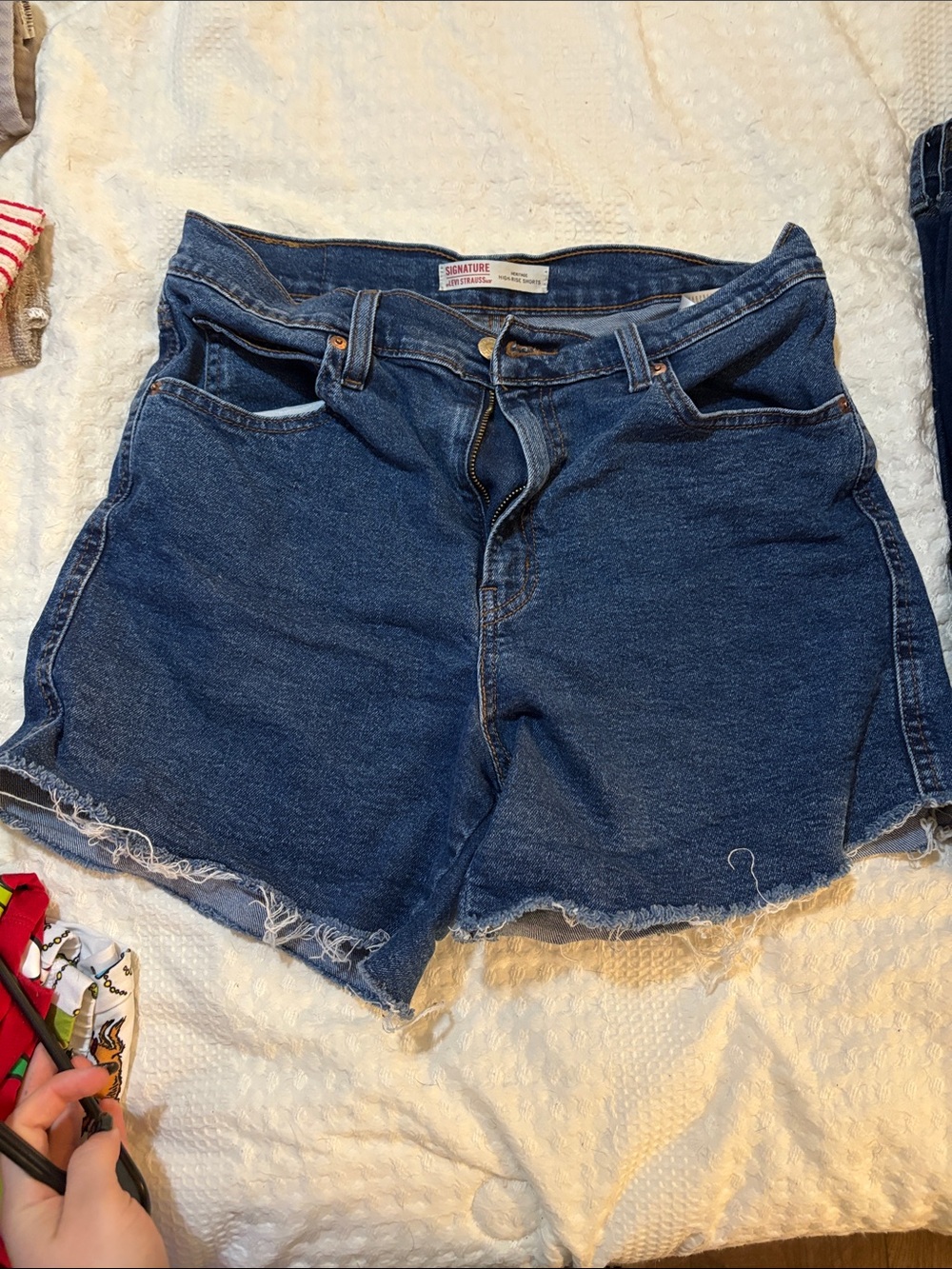 Signature Dark Blue Frayed Hem Denim Shorts